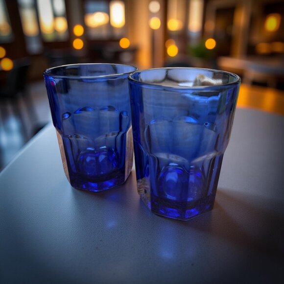 Vintage Libbey Crisa Cobalt Blue Paneled Tumblers Glasses Set of 4 | 2 Short 2 T - Picture 6 of 8